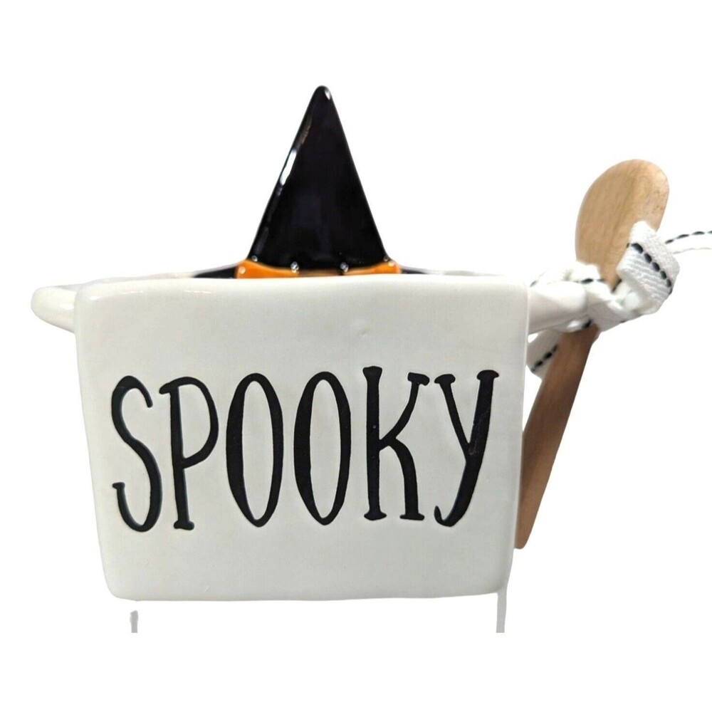 Mudd Pie Spooky Ceramic Bowl Wood Spoon Witch Hat White Black Halloween Gift NEW